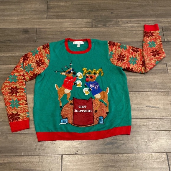 Jolly Sweaters Christmas ugly sweater Get Blitzed Drink Pouch size medium - Picture 2 of 3